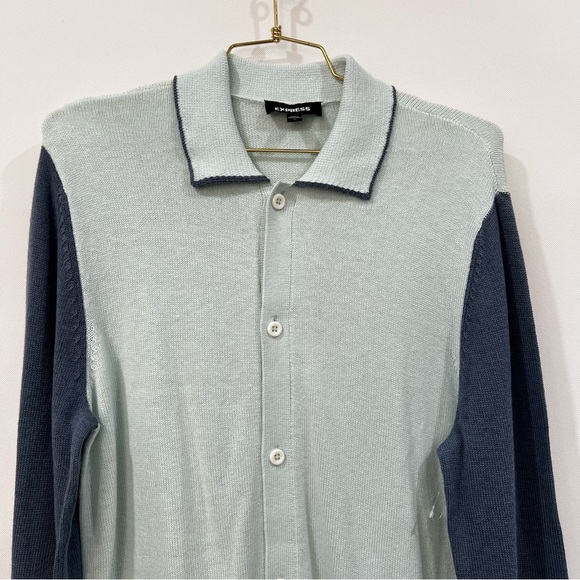 Express Colorblock Button -Up Cardigan Size Medium Mint Blue Polo Sweater - Picture 4 of 7